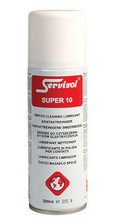  Servisol SUPER 10 SS10- תרסיס ניקוי ושימון מגעים, מתגים (סוויטשים), ממסרים, פוטנציומטרים, רכיבי חשמל עדינים וכלי נשק.